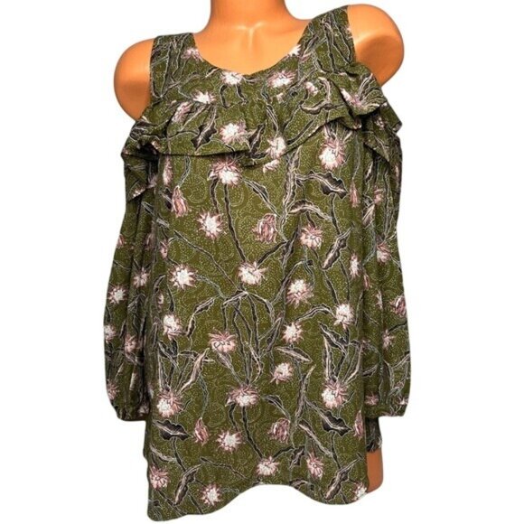 entro Tops - Entro Ruffle Blouse Womens Green Pink Floral Cold Shoulder Boho Top Size M
